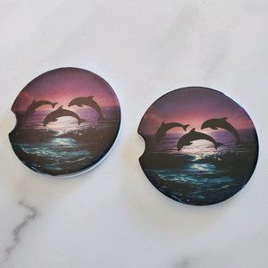 Set Of 2 Ceramic Car Coasters Jumping Dolphins